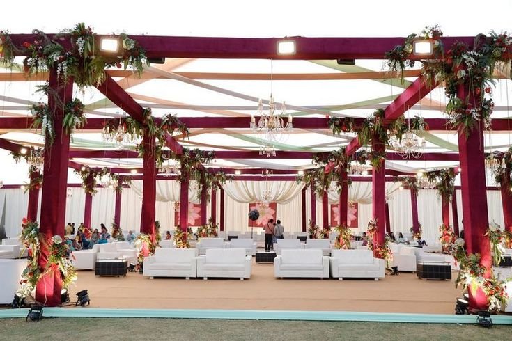 Wide Maroon Pergola Wedding Setup Bithoor